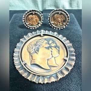 Vtg 1810 French Bronze Emperor Napoleon & Wife Marie Louise Brooch-Earring set